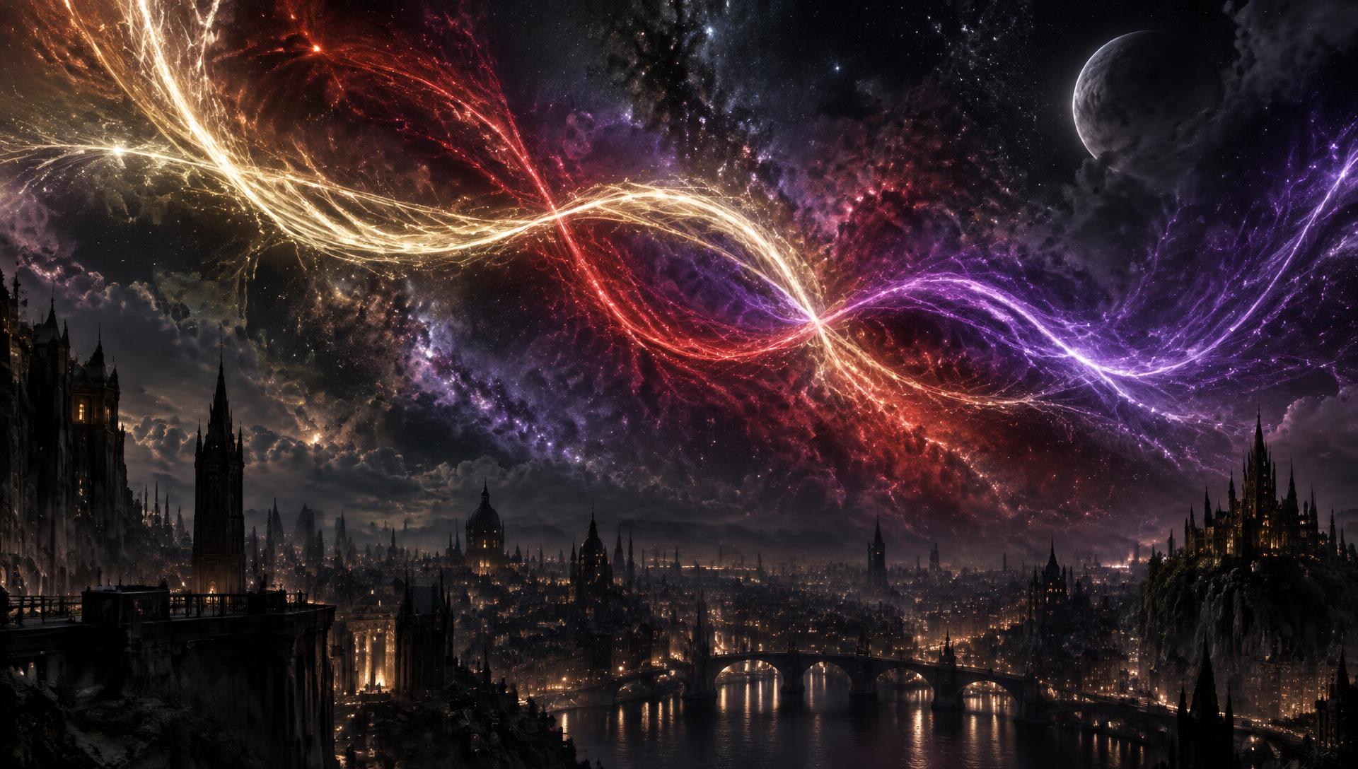 Golden, crimson and violet cosmic threads over a night city